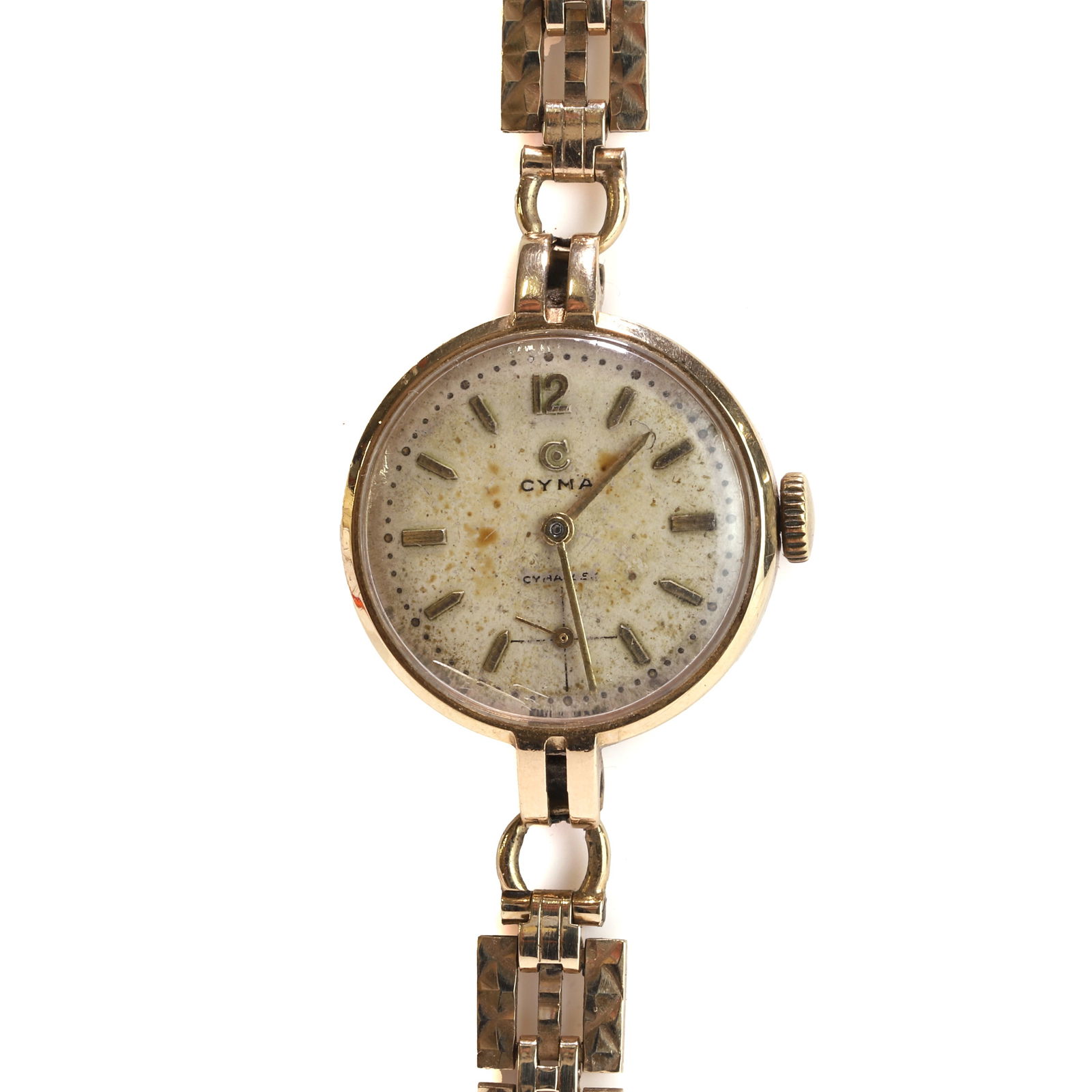 A ladies' 9ct yellow gold Cyma bracelet watch,: A ladies' 9ct yellow gold Cyma bracelet watch, with a circular case, a silvered dial, gilt baton hour markers, gilt baton hands, subsidiary seconds dial, London 1957, to a 9ct gold machine engraved li