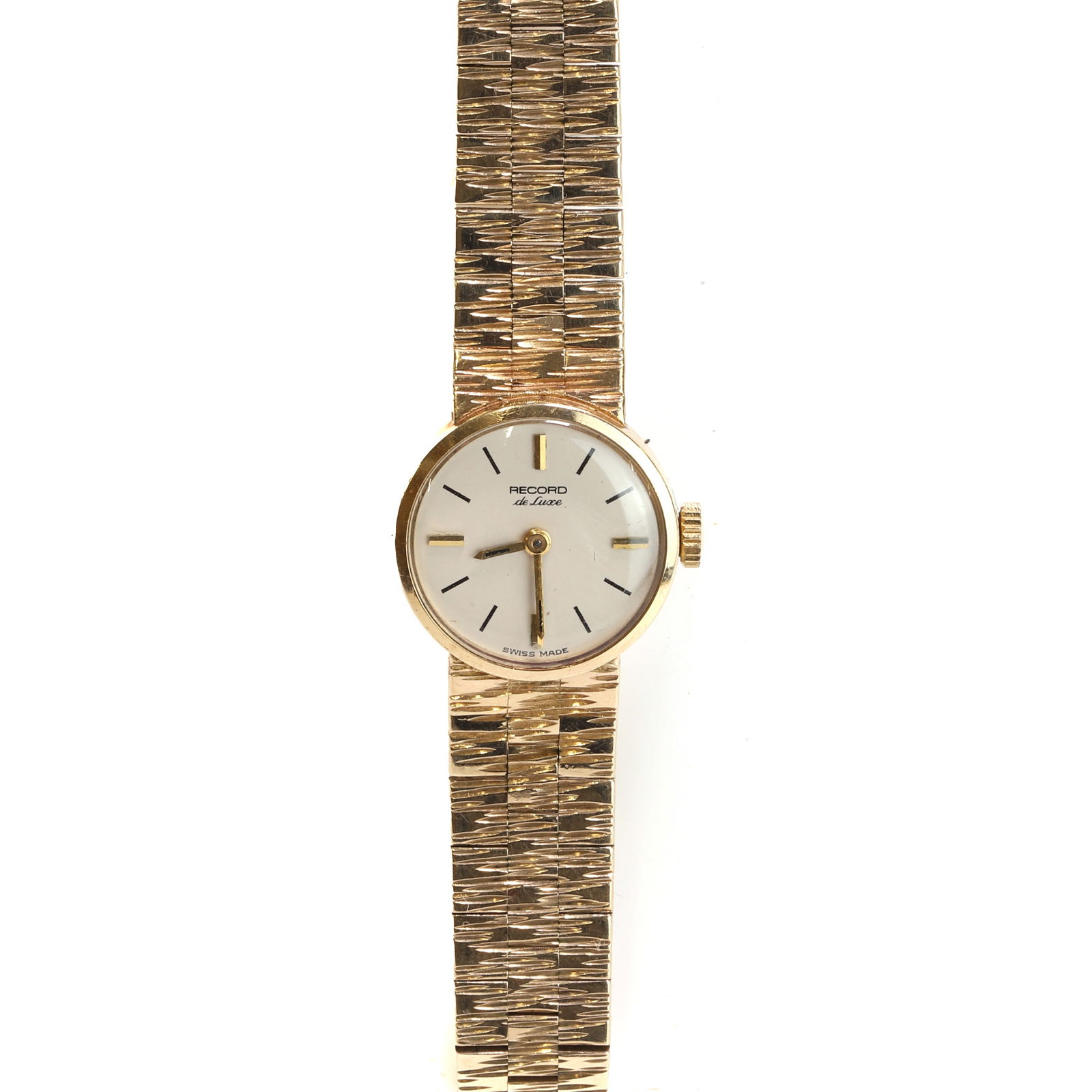 A 9ct gold Record mechanical bracelet watch,: A 9ct gold Record mechanical bracelet watch, with a circular case, a silvered dial, gilt baton hour markers to the quarters, gilt baton hands, into an integral textured link bracelet and ladder snap c