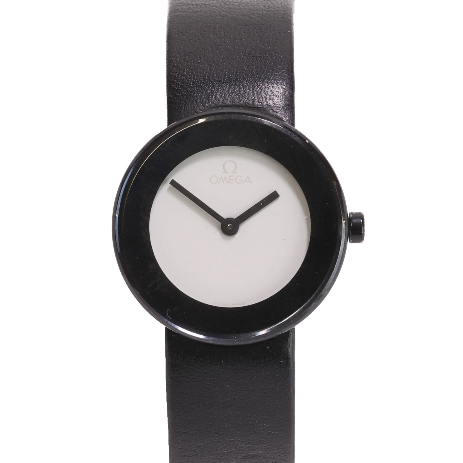Omega, a ladies' Art quartz strap watch,: Omega, a ladies' Art quartz strap watch, from the Art Collection Max Bill Edition 88; with a stainless steel case, a white enamel dial, black baton hands, case back with artist's panel held by eight s