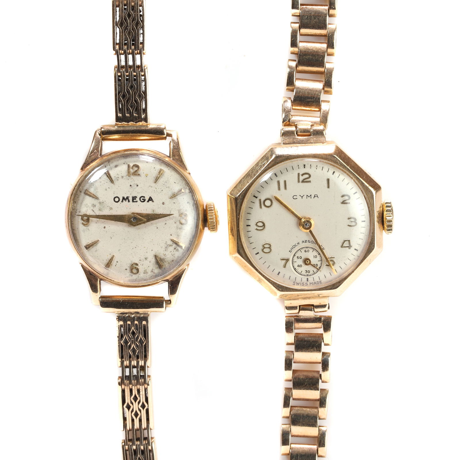 A ladies' 9ct gold Omega mechanical bracelet watch and a similar Cyma watch, (1 of 2)