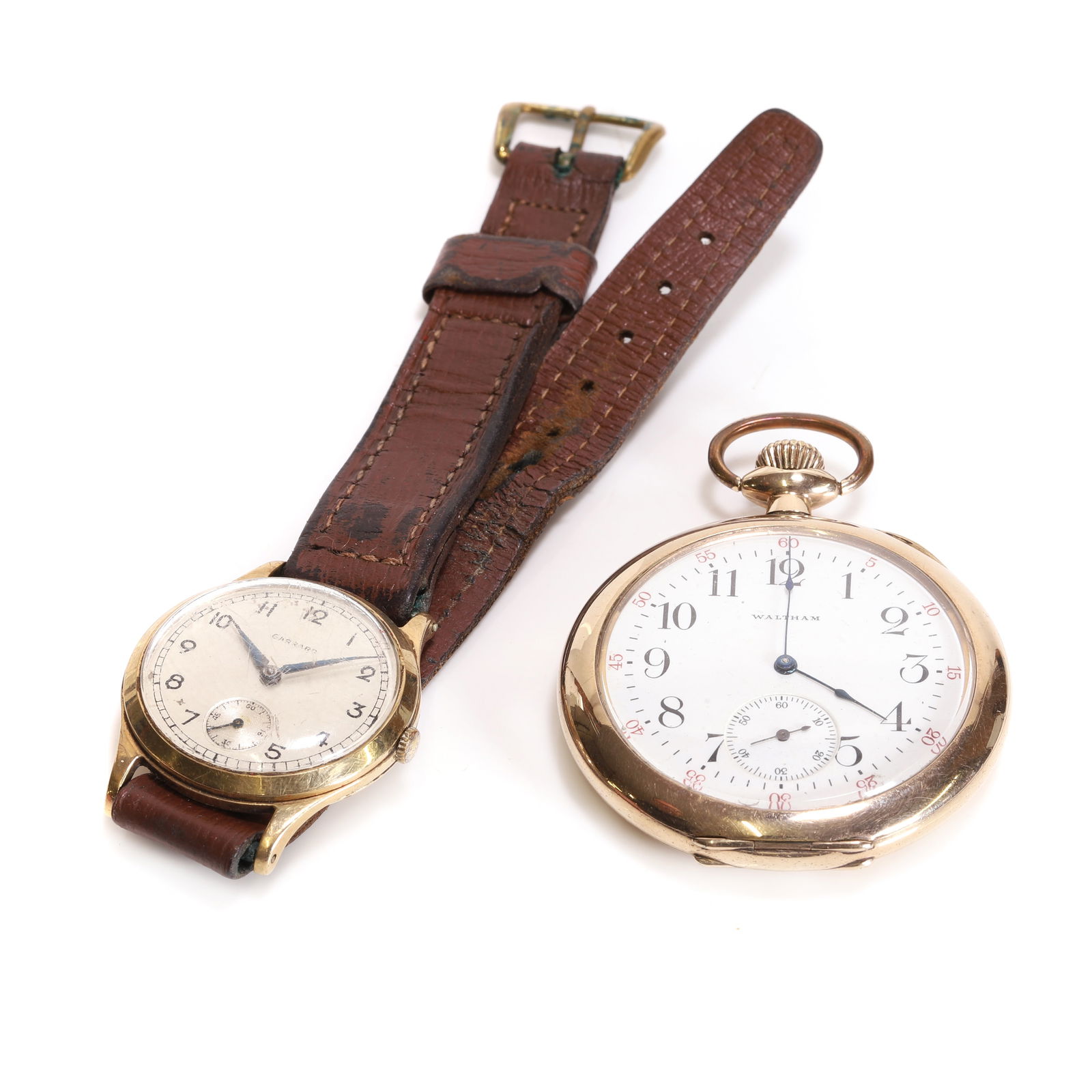 A gentlemen’s 9ct gold Garrard mechanical strap watch and a rolled gold Waltham pocket watch, (1 of 2)
