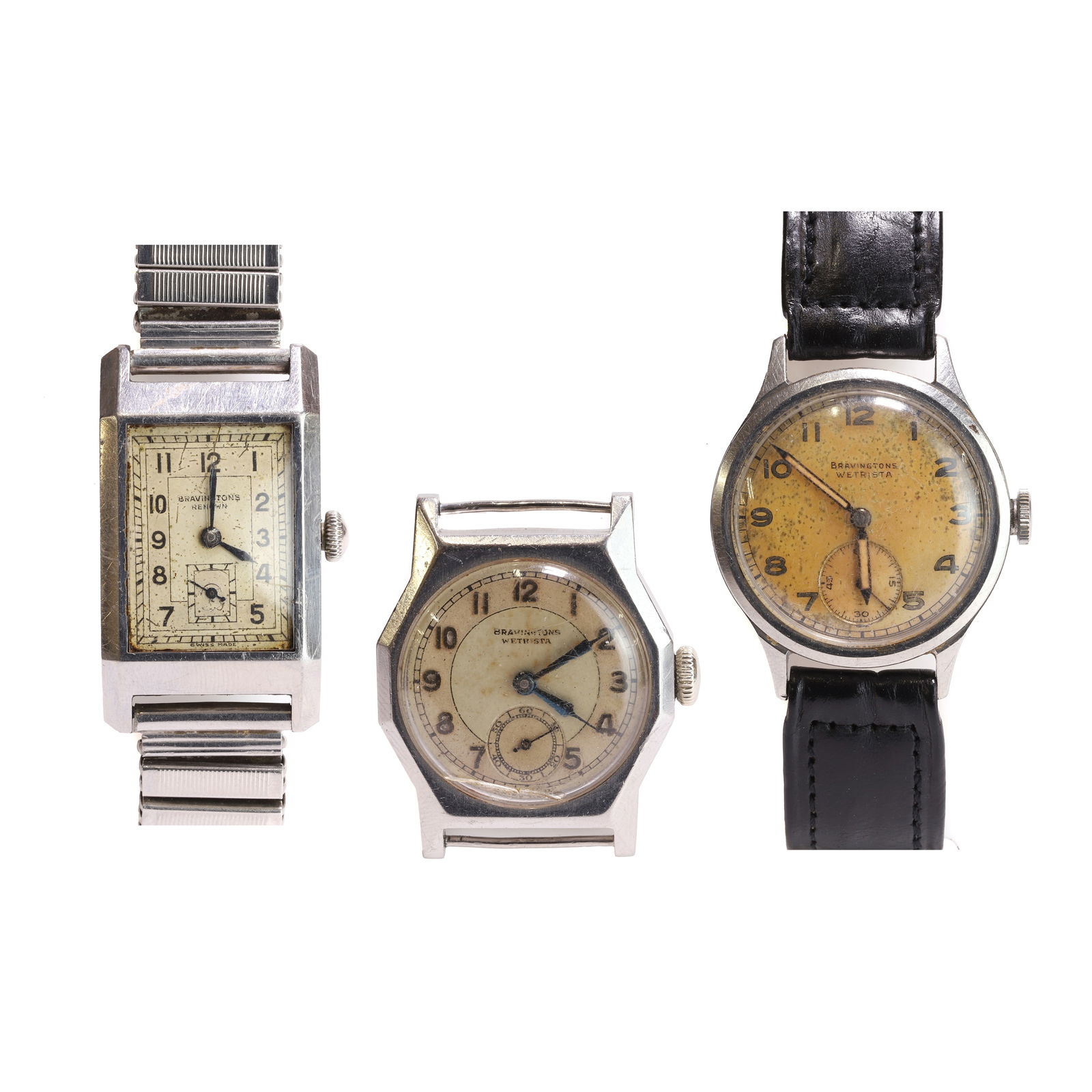 Three stainless steel Bravingtons mechanical watches, circa 1940s,: Three stainless steel Bravingtons mechanical watches, circa 1940s, comprising a stainless steel Bravingtons Renown mechanical watch, to a later stainless steel expandable strap, a stainless steel Brav