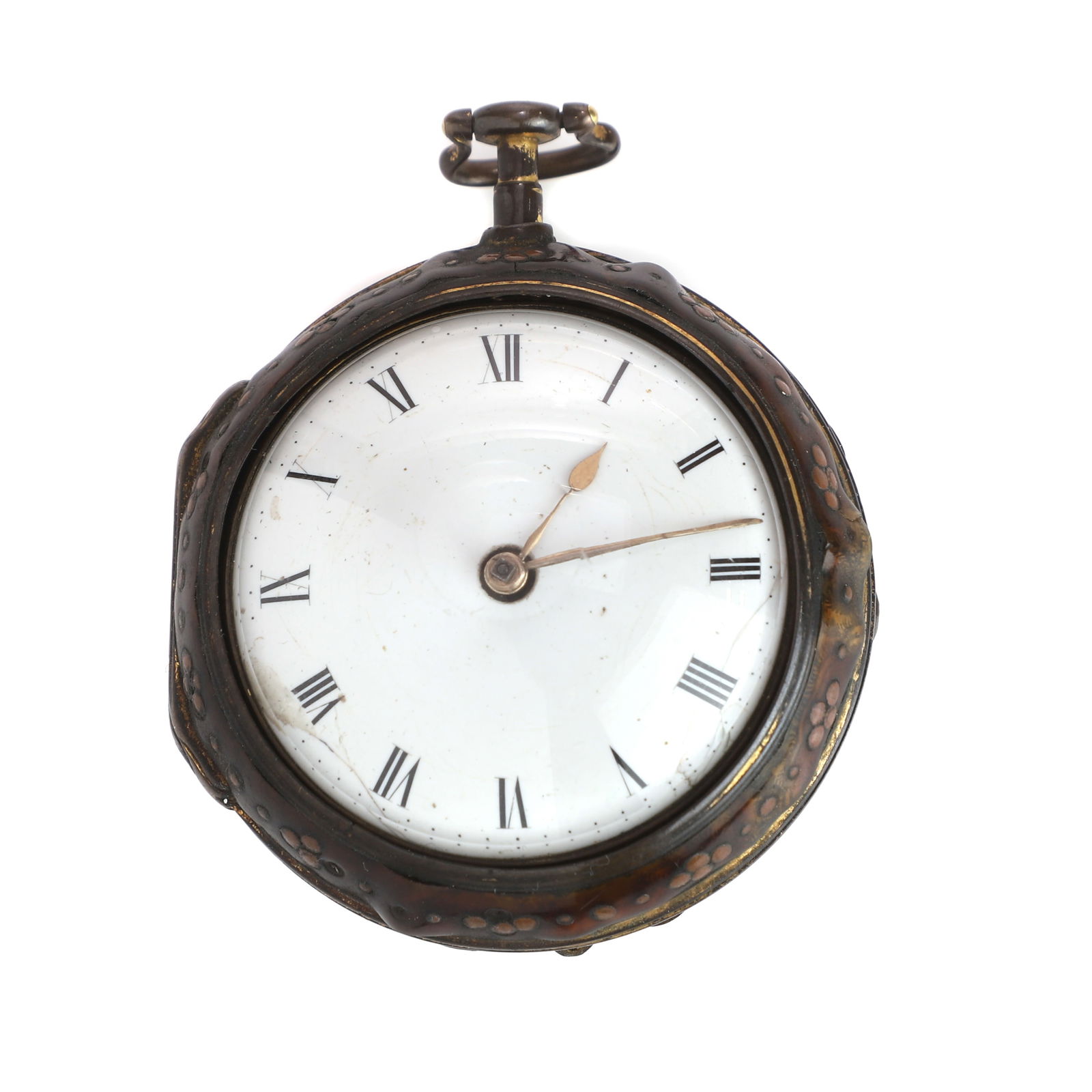 William Frodsham, A Georgian gilt metal and underpainted horn pair cased fusee pocket watch,: William Frodsham, A Georgian gilt metal and underpainted horn pair cased fusee pocket watch, the inner case with a domed glass, white enamel dial, black Roman numerals, gilt spade and swell hands, gil