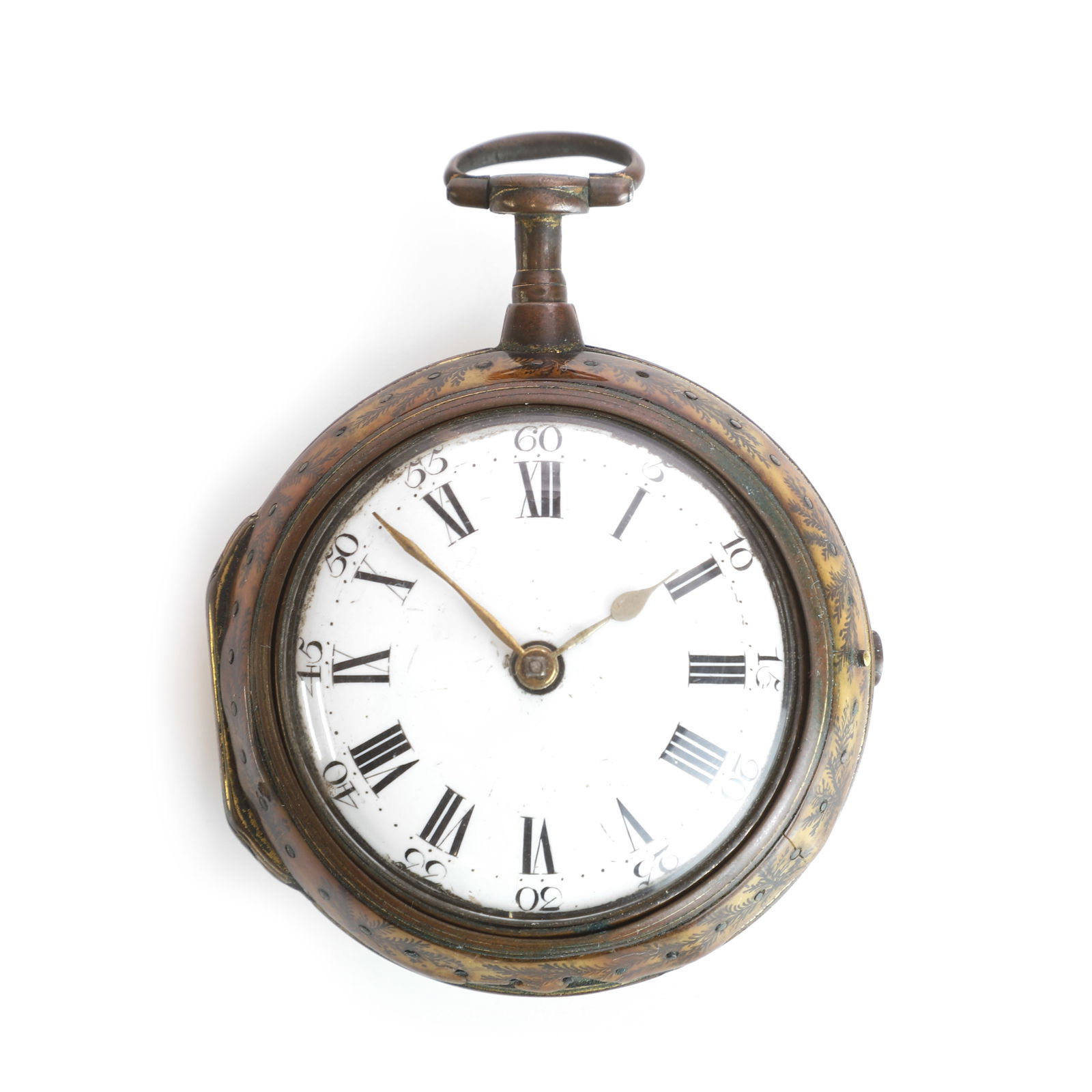 A Georgian gilt metal and underpainted horn pair cased fusee pocket watch,: A Georgian gilt metal and underpainted horn pair cased fusee pocket watch, the inner case with a domed glass, a white enamel dial, black Roman chapter and outer Arabic divisions, gilt spade and double