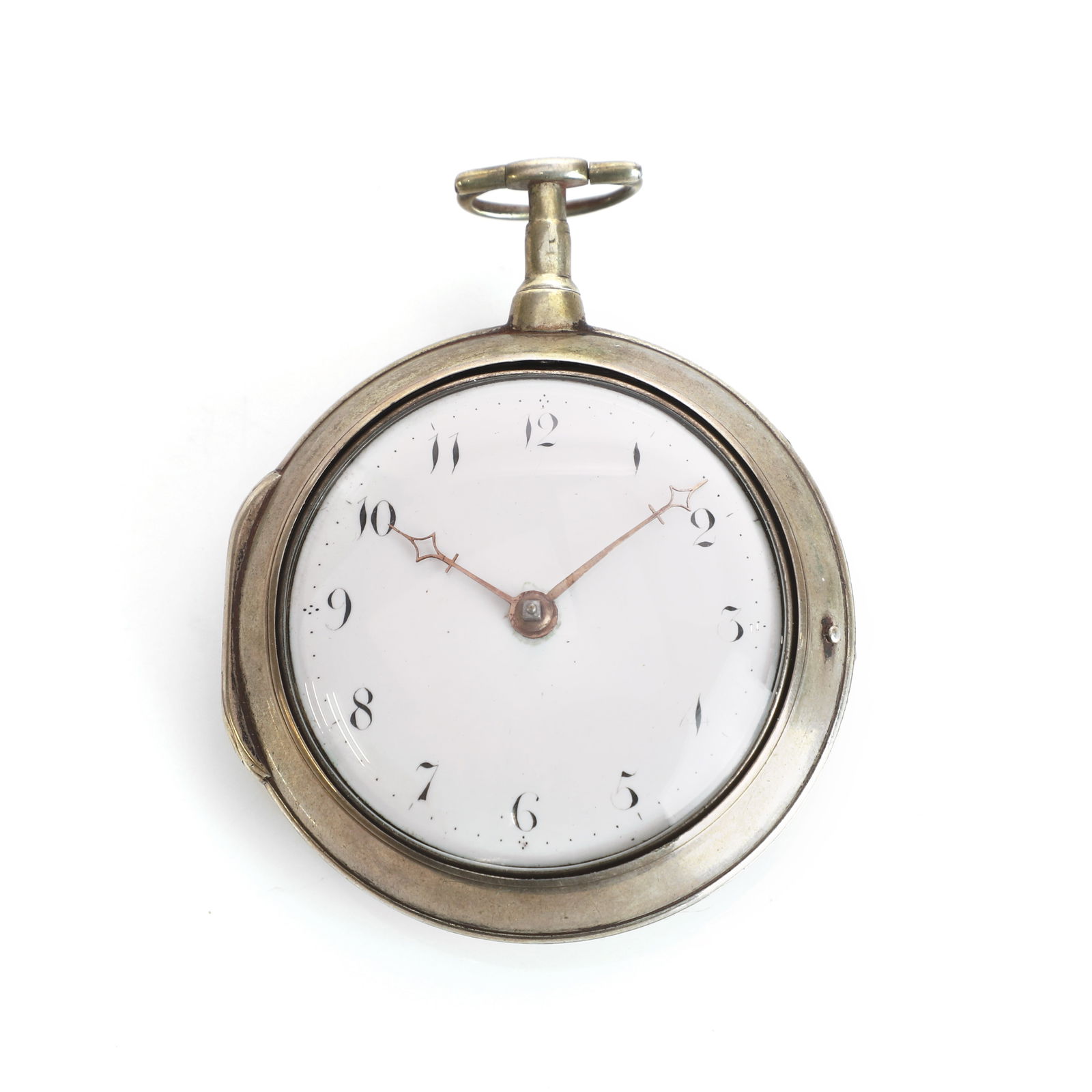 A George III silver pair cased verge fusee pocket watch,: A George III silver pair cased verge fusee pocket watch, the inner case with a domed glass, white enamel dial, black Arabic numerals, gilt stag beetle hands, movement no. 2164, movement signed 'Hollis