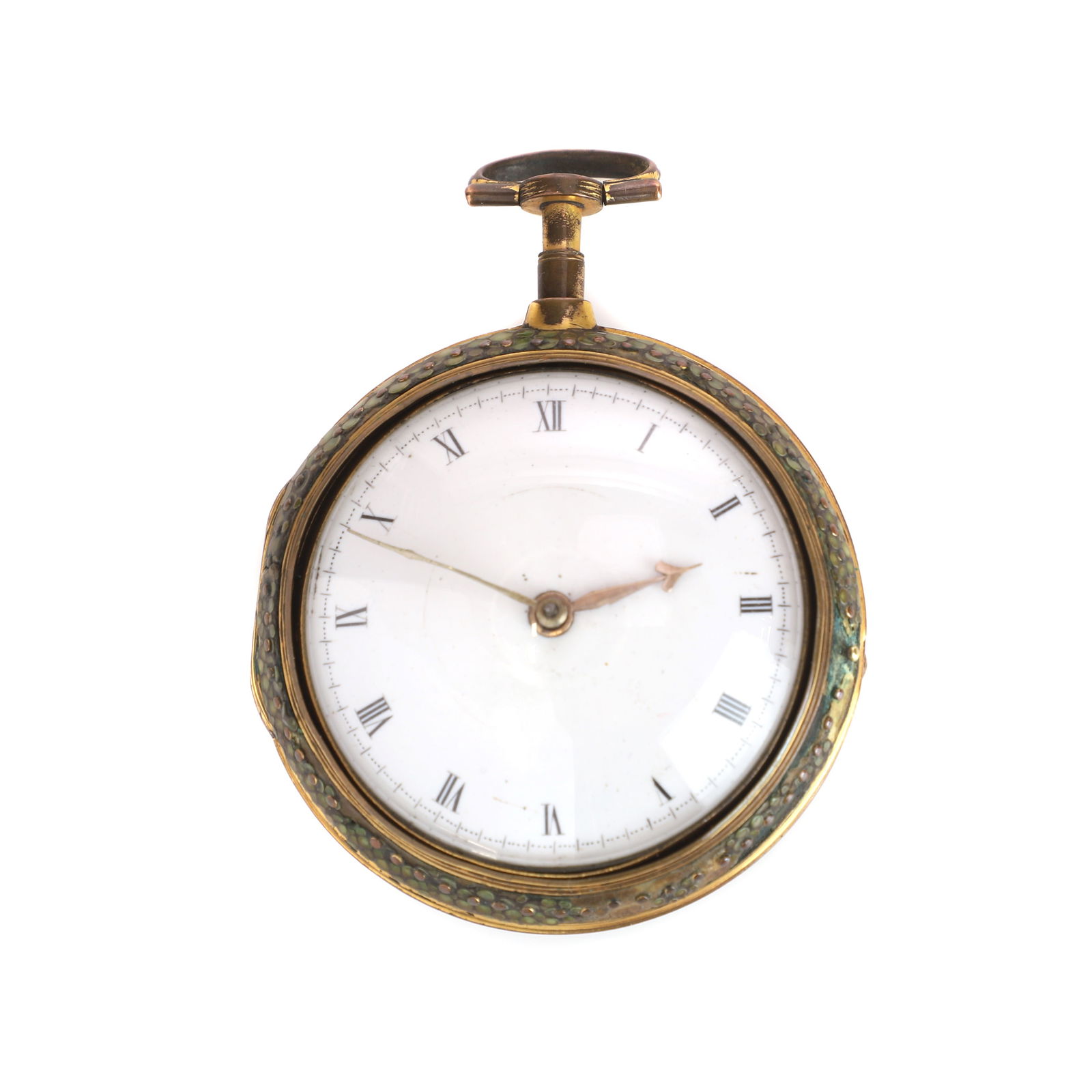 A Georgian gilt metal and shagreen pair cased fusee pocket watch,: A Georgian gilt metal and shagreen pair cased fusee pocket watch, the inner case with a domed glass, white enamel dial, black Roman numerals, gilt arrowhead and polar hands, pierced balance cock, diam