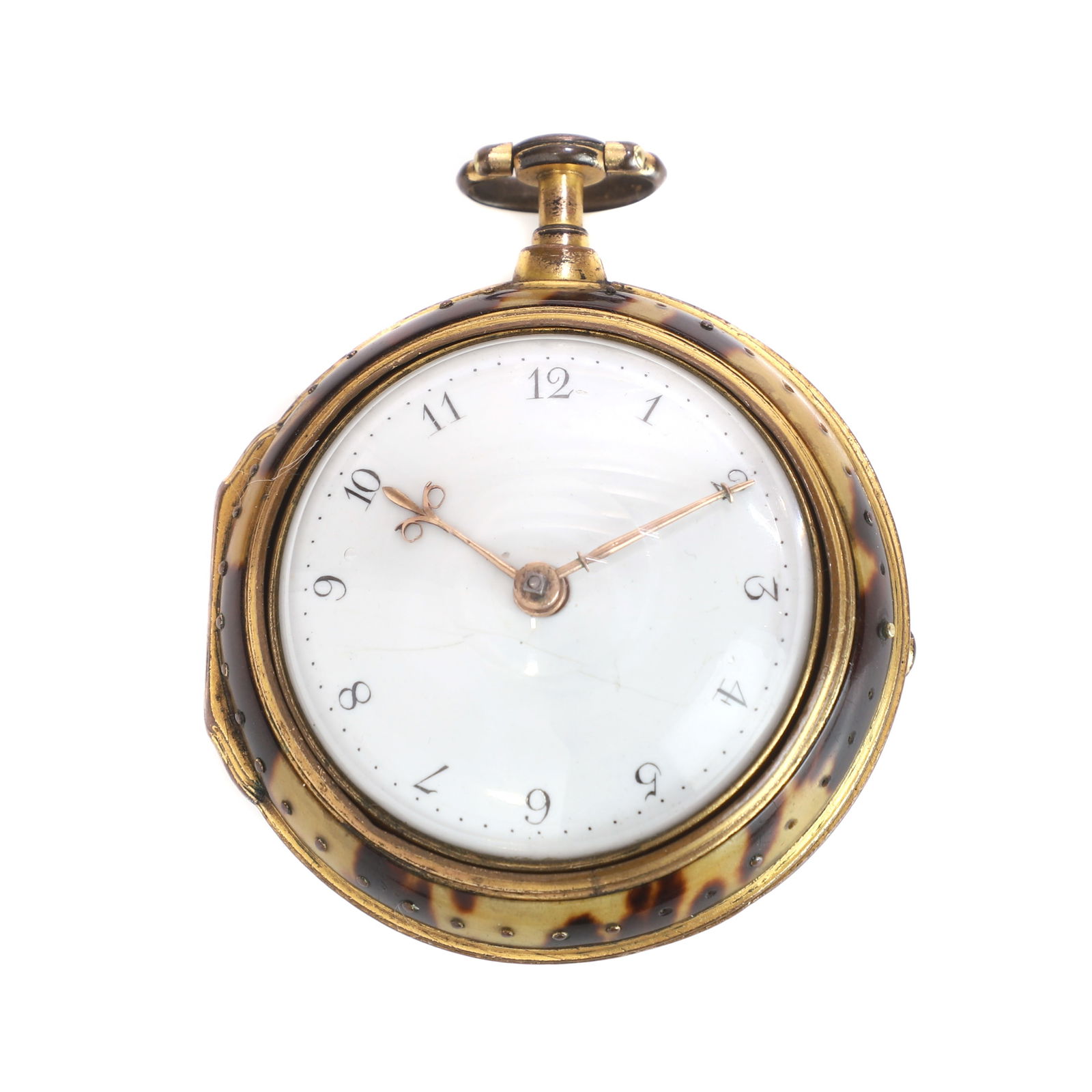A Georgian gilt metal and horn pair cased fusee pocket watch,: A Georgian gilt metal and horn pair cased fusee pocket watch, the inner case with a domed glass, white enamel dial, black Arabic numerals, gilt beetle and poker hands, pierced balance cock, round balu