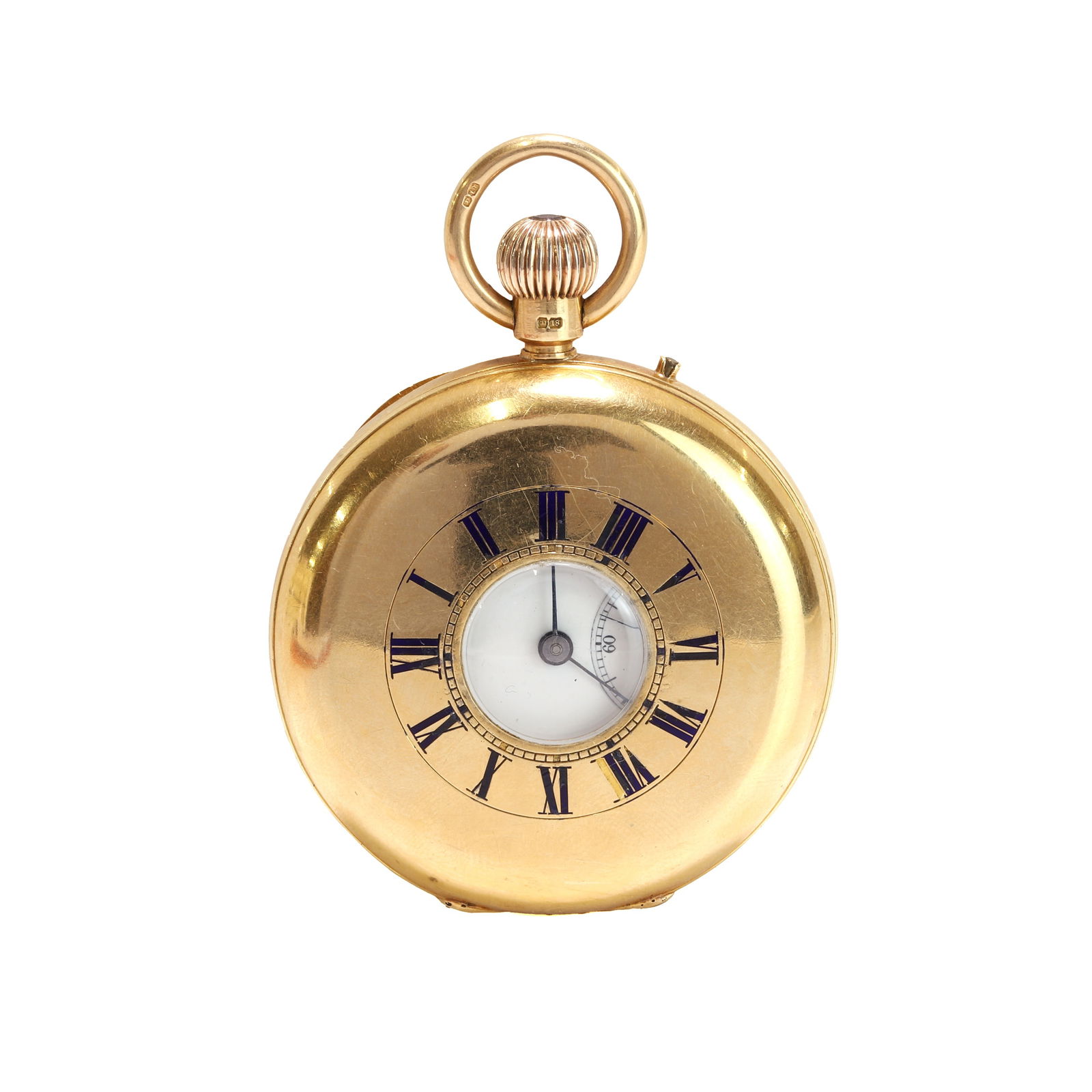 A late Victorian 18ct gold side wind half hunter pocket watch, (1 of 3)
