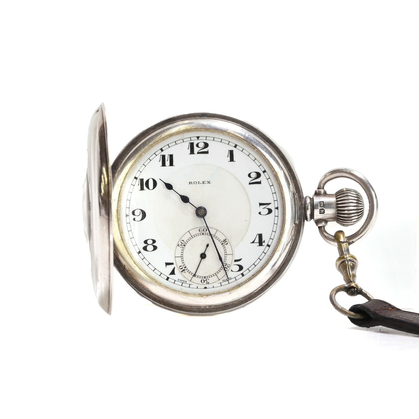 Rolex, a silver cased side wind half hunter pocket watch,: Rolex, a silver cased side wind half hunter pocket watch, the front case with a black champlevé enamel chapter ring, with a white enamel dial, black Arabic numerals, blued double spade and single