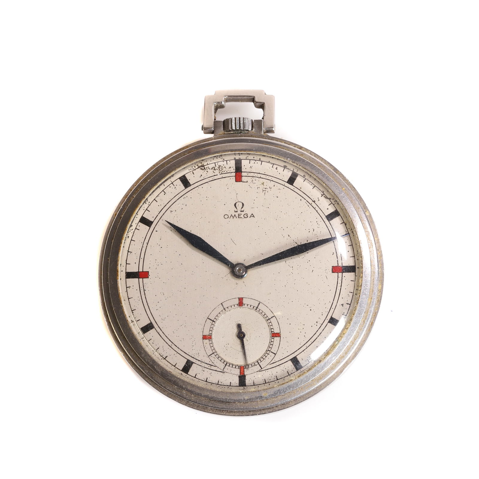 Omega, a stainless steel top wind open faced pocket watch, (1 of 2)