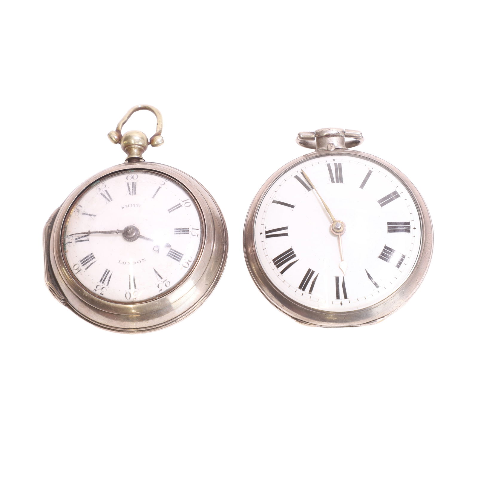A George III silver pair cased fusee pocket watch and a silver open faced fusee pocket watch, (1 of 4)