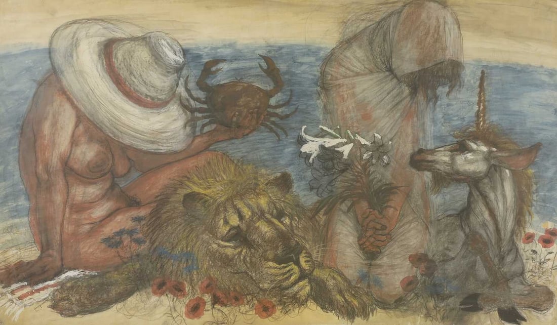 ▲ Henry Richard Bird (British, 1909-2000) Signs of the Zodiac - Cancer, Leo and Virgo: ▲ Henry Richard Bird (British, 1909-2000) Signs of the Zodiac - Cancer, Leo and Virgo mixed media on paper (92 x 150cm; framed: 115 x 174cm) Condition Report: Presents well overall. Pinholes and
