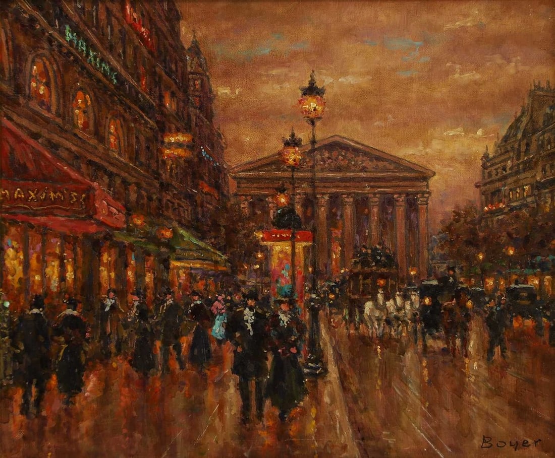 ▲ André Boyer (French, 1909-1981) An evening view of the Église de la Madeleine,: ▲ André Boyer (French, 1909-1981) An evening view of the Église de la Madeleine, Paris signed 'Boyer' l.r., oil on canvas (46 x 55cm; framed 59 x 68cm) Condition Report: Appears t