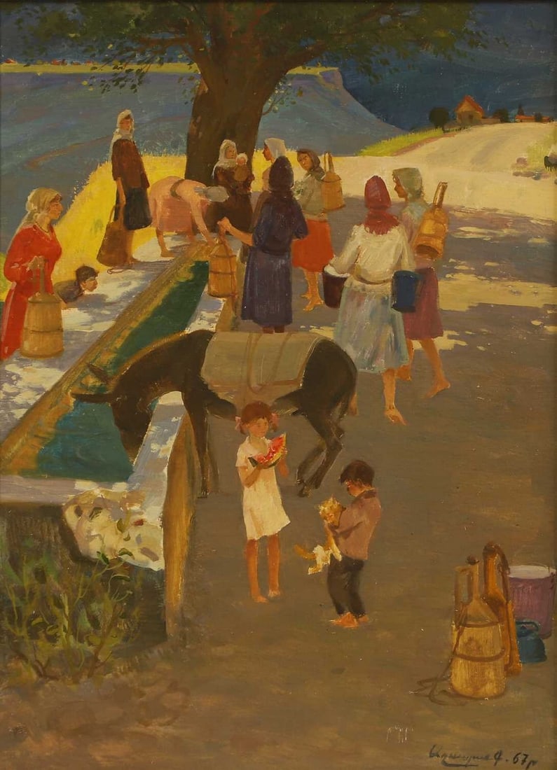 Grigori Agasyan (Armenian, 1926-2008) 'Watercarriers by the Spring': Grigori Agasyan (Armenian, 1926-2008) 'Watercarriers by the Spring' signed in Cyrillic and dated '67' l.r., oil on canvas (72 x 52cm; framed 79.5 x 60.5cm) Condition Report: There are some small, ligh