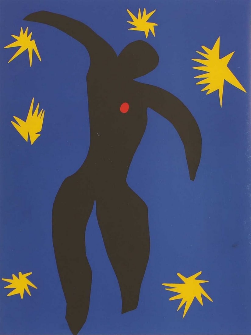 After Henri Matisse 'Icarus', dust wrapper from 'Jazz': After Henri Matisse 'Icarus', dust wrapper from 'Jazz' lithograph in colours, published by George Braziller Inc., for the Museum of Modern Art, New York, 1983 (visible 29 x 38m; framed 43 x 54cm) Cond