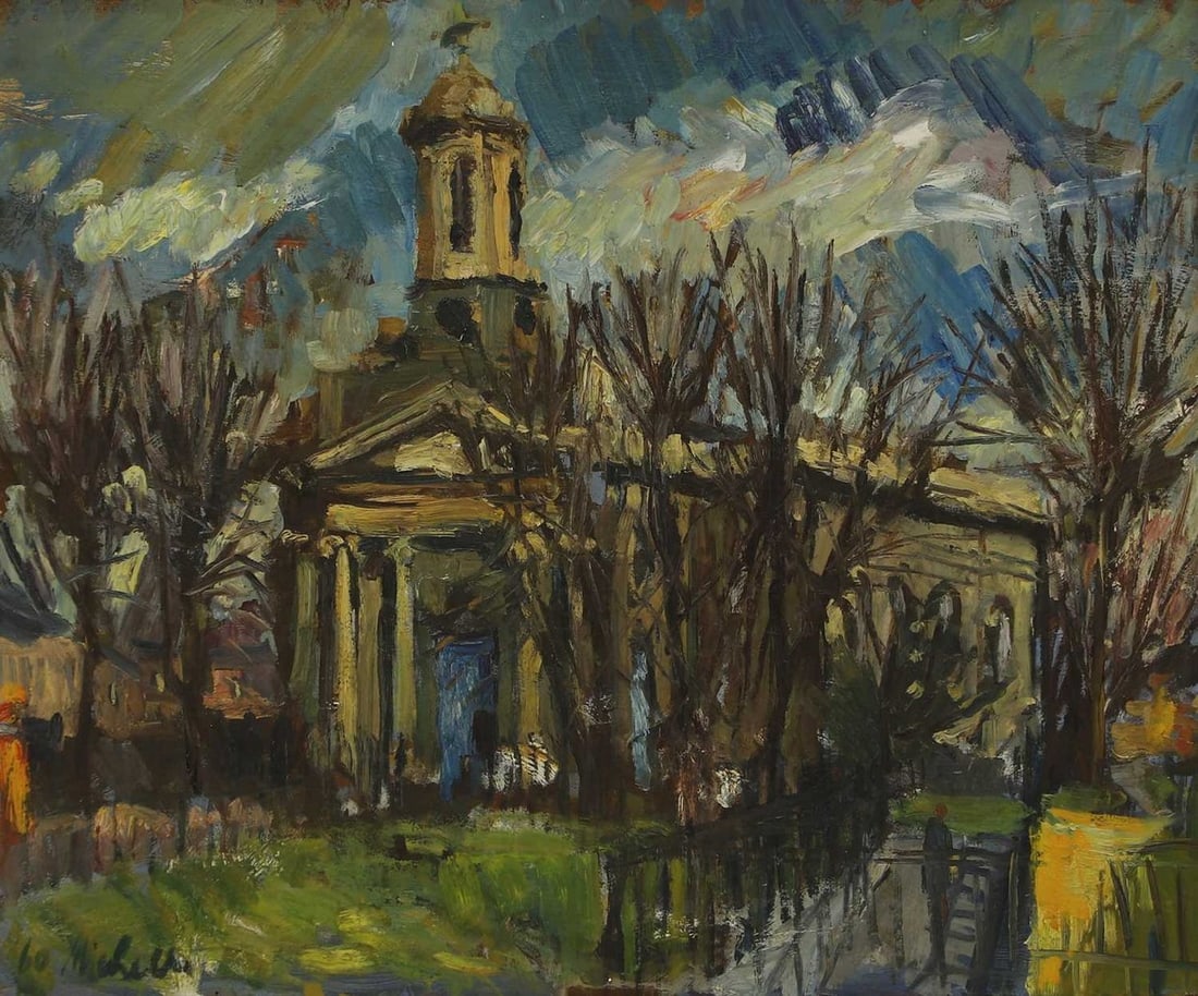 ▲ Keith Michell (Australian, 1926-2015) St John's Church, Downshire Hill: ▲ Keith Michell (Australian, 1926-2015) St John's Church, Downshire Hill signed 'Michell' and dated '60' l.l., oil on board (50 x 60cm; framed: 52 x 63cm) Provenance: The artist; thence by desce