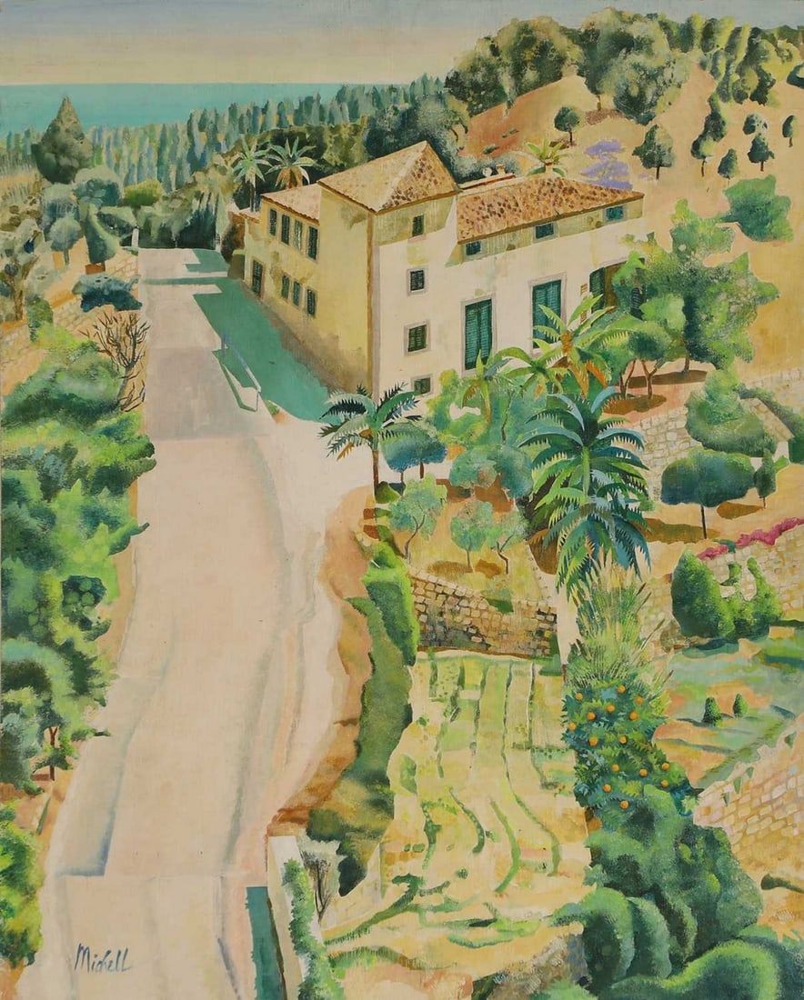 ▲ Keith Michell (Australian, 1926-2015) View of a villa, Majorca: ▲ Keith Michell (Australian, 1926-2015) View of a villa, Majorca signed 'Michell' l.l., oil on board (75 x 61cm, unframed) Provenance: The artist; thence by descent. Footnote: The works by Keith