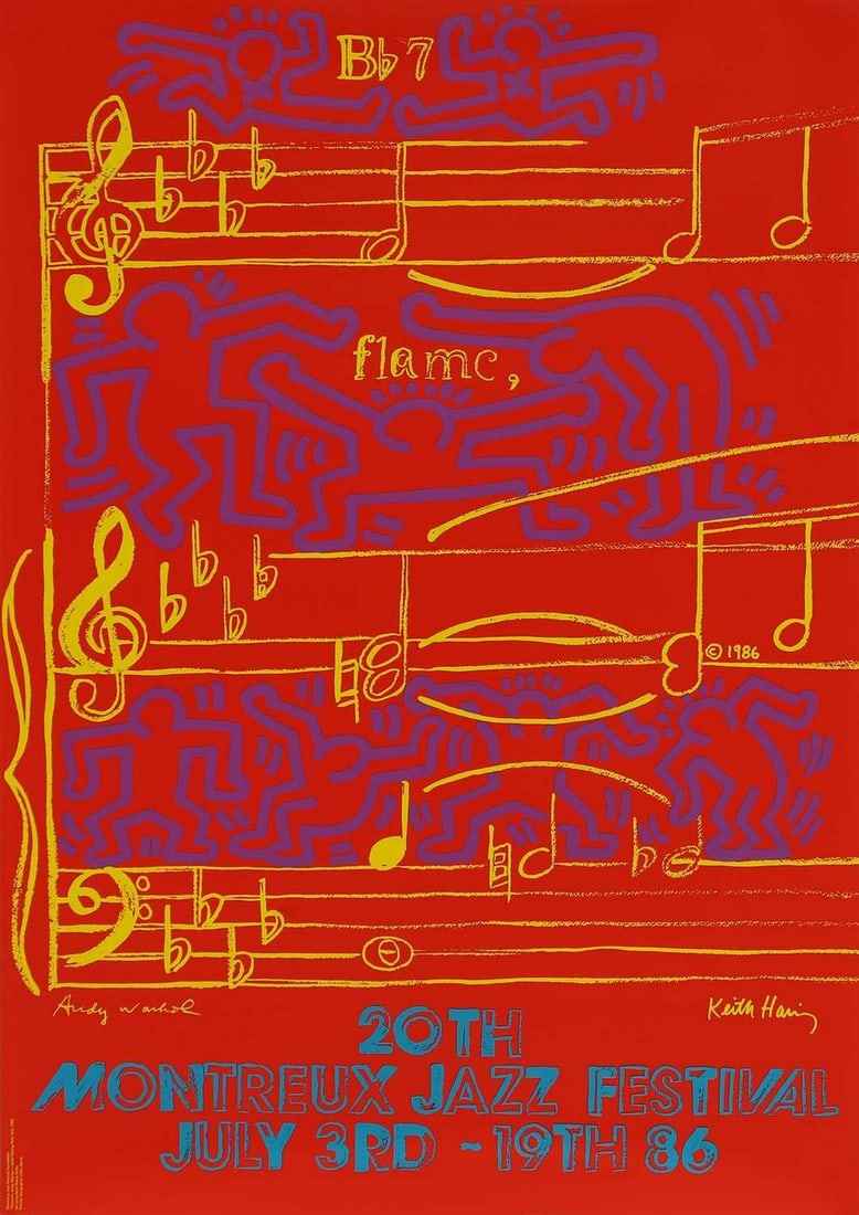 After Keith Haring and Andy Warhol '20th Montreux Jazz Festival', 1986: After Keith Haring and Andy Warhol '20th Montreux Jazz Festival', 1986 offset lithographic poster in colours, printed later (100 x 70cm, unframed) Condition Report: Rolled in tube, overall generally i