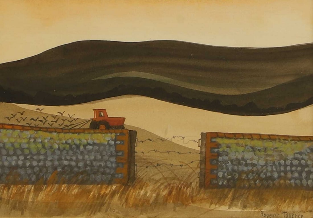 ▲ Robert Tavener (British, 1920-2004) 'Downs and Tractor': ▲ Robert Tavener (British, 1920-2004) 'Downs and Tractor' signed 'Robert Tavener' l.r., watercolour (13.5 x 19.5cm; framed 32.5 x 36.5cm) Provenance: The Kent County Council Art Collection. Cond