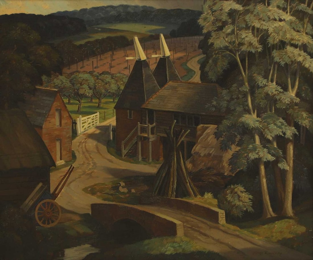 ▲ George Mackley (British, 1900-1983) 'Kentish Oast': ▲ George Mackley (British, 1900-1983) 'Kentish Oast' signed 'GEORGE E MACKLEY' l.r., oil on canvas (51 x 61cm; framed 59 x 69cm) Provenance: The Kent County Council Art Collection. Condition Rep