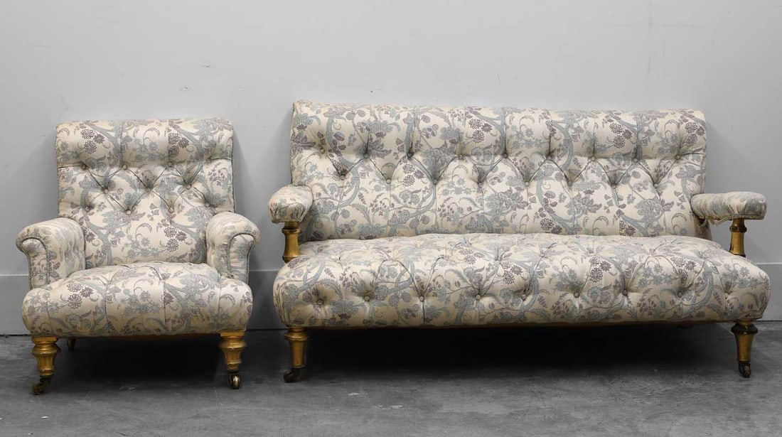 A Victorian three seater gilt sofa in the manner of Holland & Sons, Late 19th century, - 2