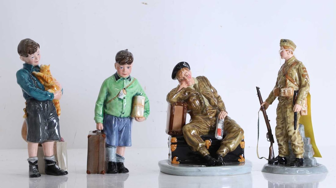 Four Royal Doulton limited edition World War II figures, Of modern manufacture,: Four Royal Doulton limited edition World War II figures, Of modern manufacture, 'The Railway Sleeper', 'The Boy Evacuee', 'Welcome Home', and 'Home Guard', each with printed marks and numbered 