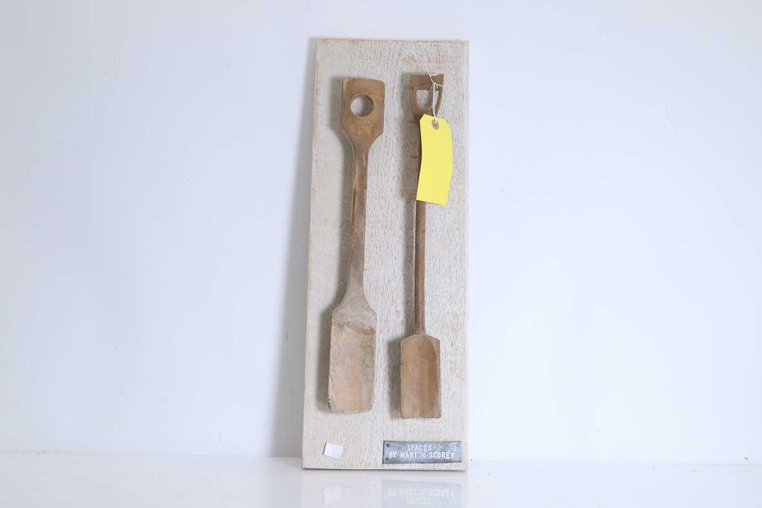 Martin Scorey (1961-2021) 'Spades',: Martin Scorey (1961-2021) 'Spades', two spades, fixed to a limed board, with a lead label stamped 'Spades by Martin Scorey' 59cm high, 22cm wide Condition Report: Good overall.