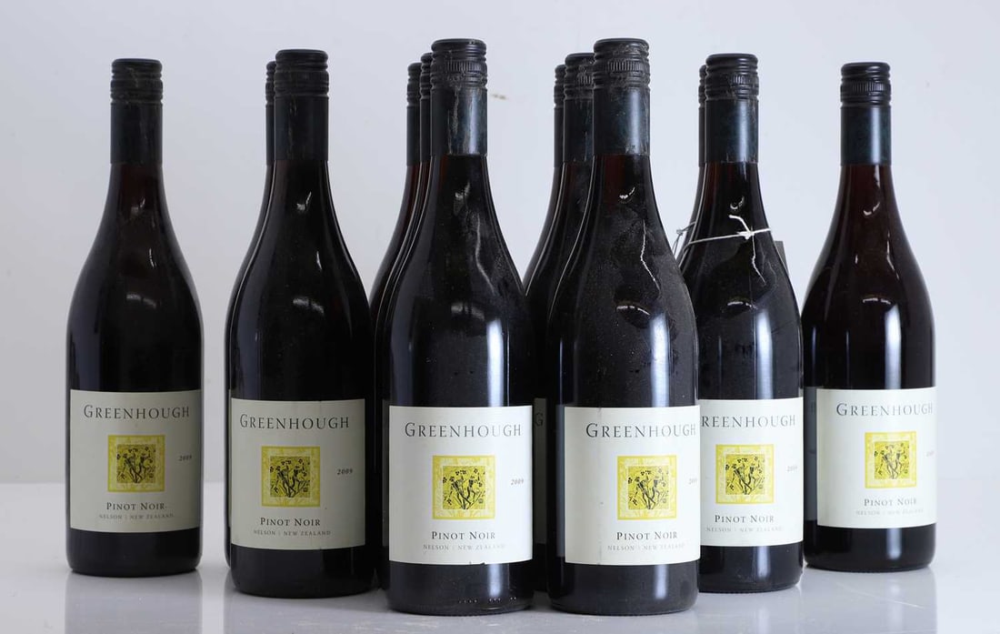 Greenhough, Nelson, Pinot Noir, 2009: Greenhough, Nelson, Pinot Noir, 2009 (12) Please note we cannot guarantee condition of contents or quality of storage. No returns will be accepted due to defective contents and purchasers must