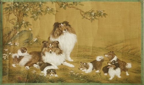 A gouache painting 20th century, Chinese: A gouache painting 20th century, Chinese in the style of Giuseppe Castiglione, painted with a family of Scotch collies and pups, in a garden landscape, the group arranged beneath flowering branches