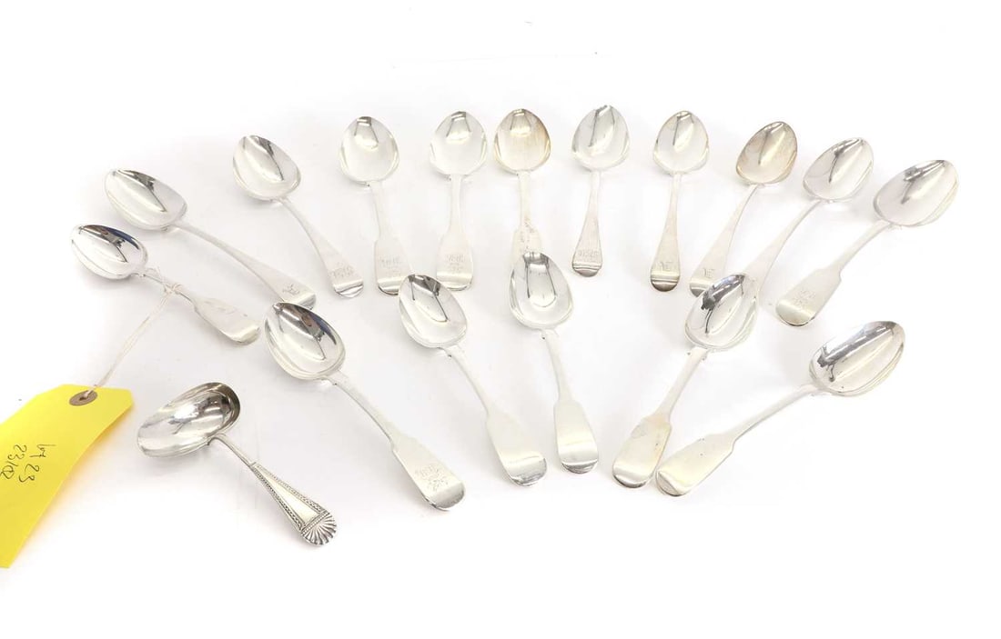 A collection of silver spoons,: A collection of silver spoons, to include four tablespoons, possibly by Randall Chatterton, London, 1826, monogrammed 'A' to the top of the handle, with two more tablespoons, London, intialled