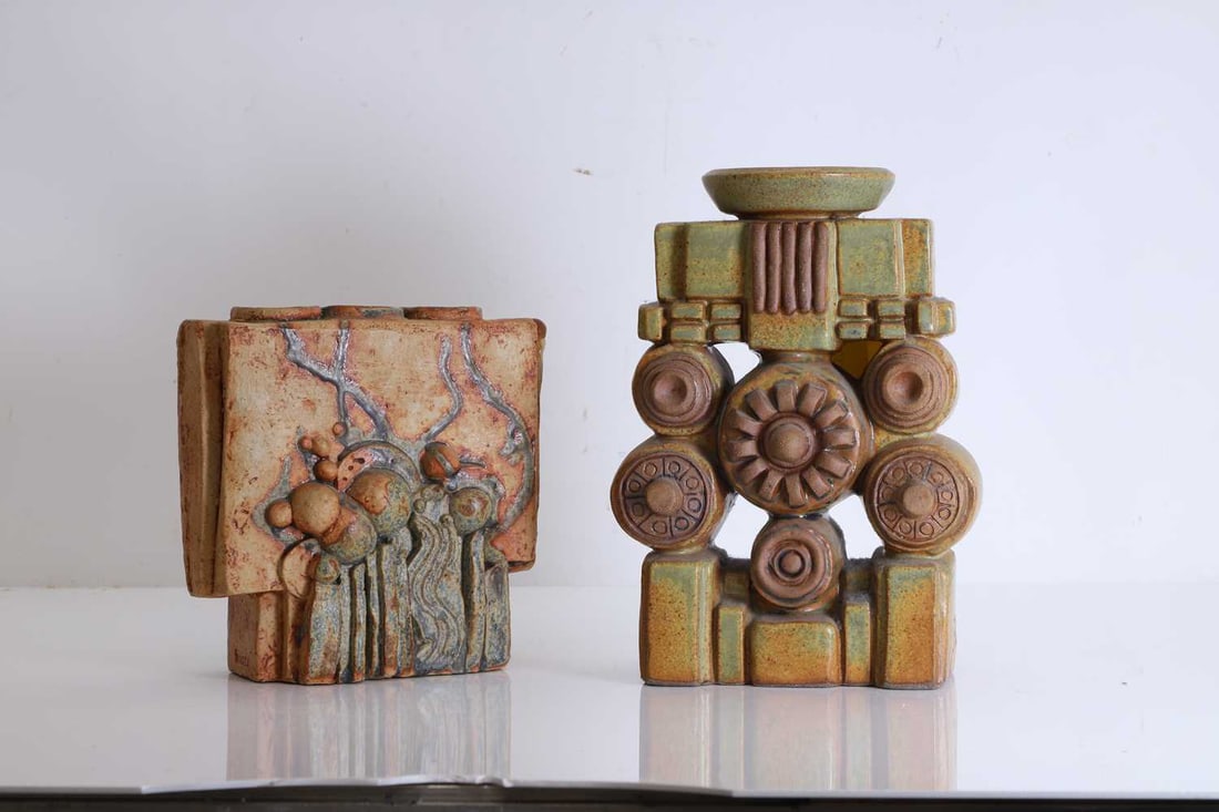 Two Bernard Rooke ceramic candle holders,