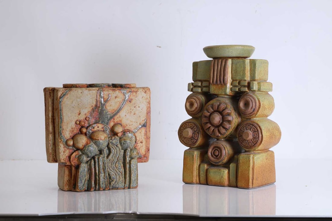 Two Bernard Rooke ceramic candle holders, - 2