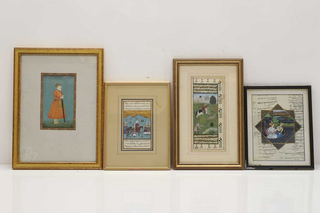 A group of three Mughal-style painted miniatures and illustrated loose folios 20th century, India,: A group of three Mughal-style painted miniatures and illustrated loose folios 20th century, India, of a hunting scene, two lovers in a palatial interior, and a portrait of a Mughal nobleman, 