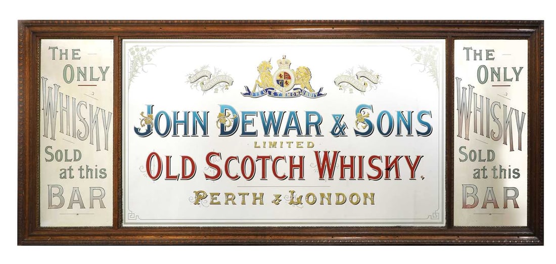 A large tavern John Dewar whisky mirror, Early 20th century,: A large tavern John Dewar whisky mirror, Early 20th century, three reverse painted glass plates within a egg and dart oak frame, bearing the royal warrant crest, and stating 'John Dewar & Sons Ol