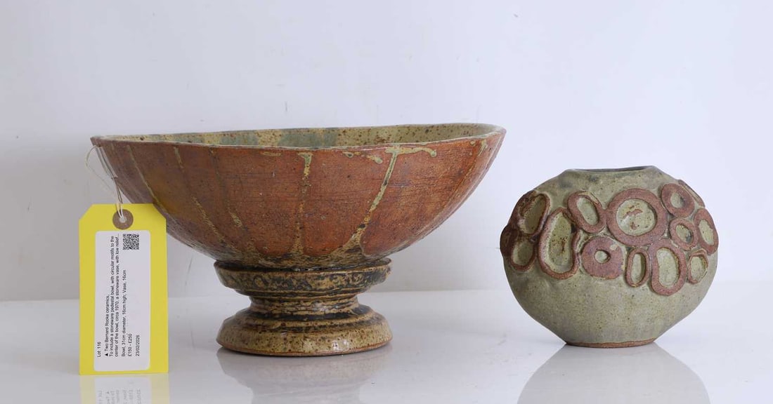 Two Bernard Rooke ceramics,: Two Bernard Rooke ceramics, To include a stoneware pedestal bowl, with circular motifs to the centre of the bowl, circa 1970, a stoneware vase, with low relief design to the exterior, stamped