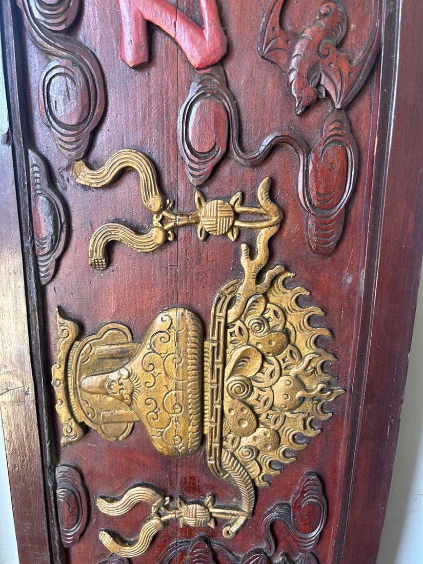 A Chinese carved and painted cornice panel, - 9