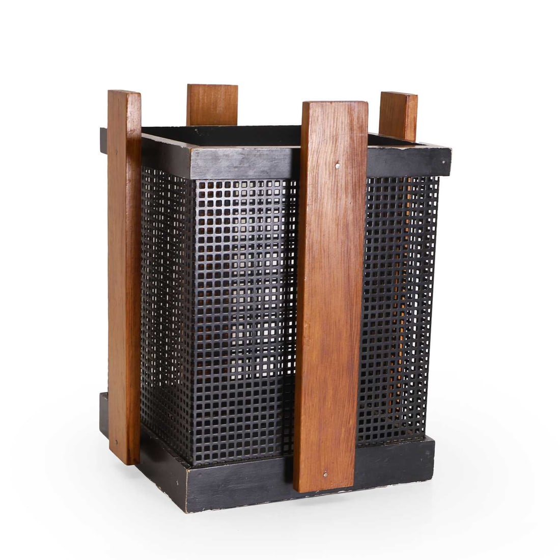 A wastepaper basket 21st century: A wastepaper basket 21st century In the Secessionist manner, perforated metal and wood-mounted 31cm wide, 31.5cm deep, 37.5cm high Condition Report: With war, chips and on upright with split.