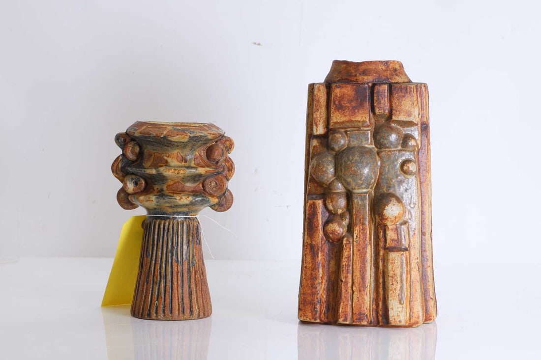 Two Bernard Rooke ceramics,: Two Bernard Rooke ceramics, to include a rectangular stoneware vase, with bulbous circular design, stamped 'ROOKE', circa 1969, together with a Geometric vase, with urn shaped body, stamped