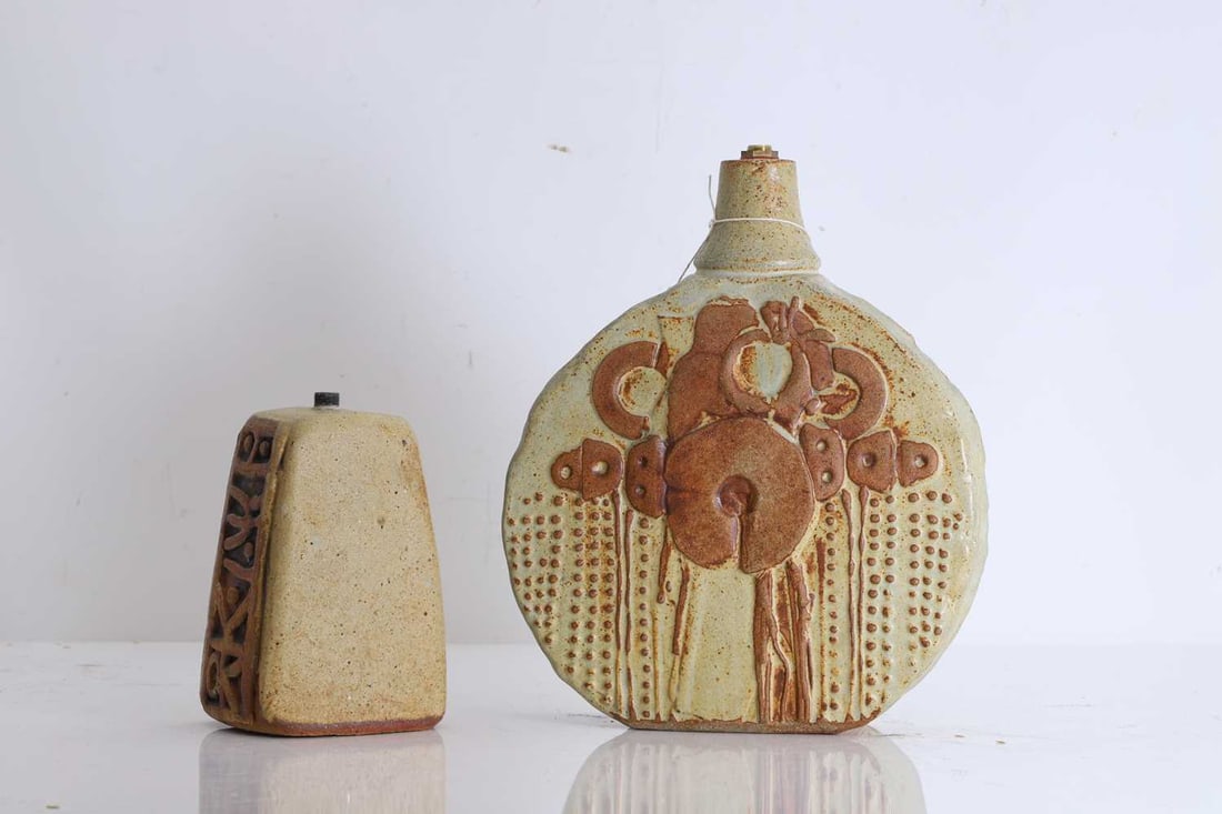 Two Bernard Rooke lamps,: Two Bernard Rooke lamps, to include a stoneware lampbase, with geometric design, circa 1968, together with a ceramic lampbase, of circular form, stamped 'ROOKE', circa 1974 / 1975 Lampbase,
