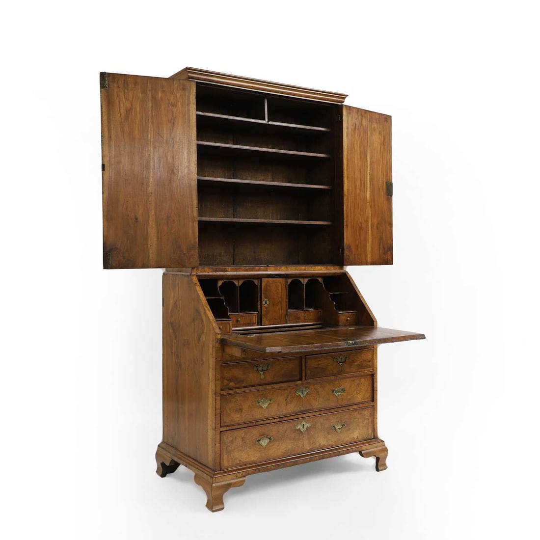 A George I strung walnut and burr walnut bureau cabinet, c.1720 and later - 2