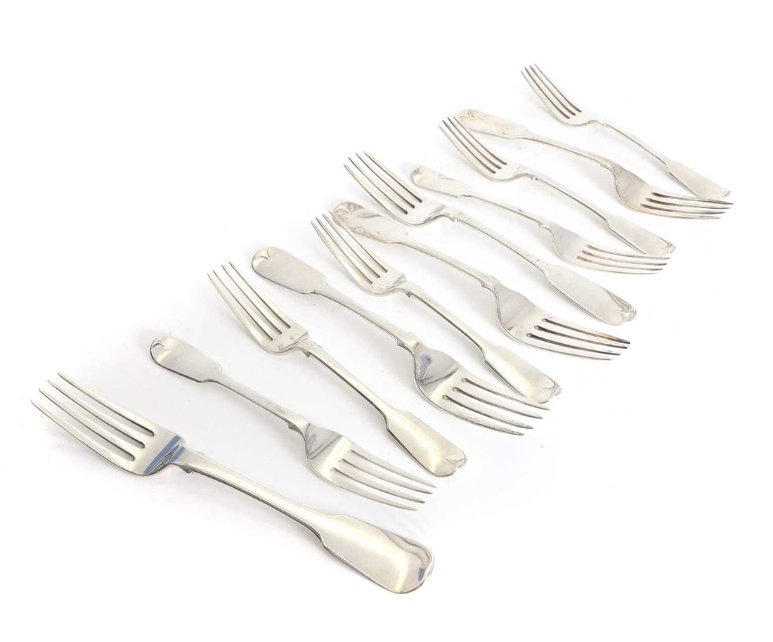 A collection of silver fiddle pattern dinner forks,: A collection of silver fiddle pattern dinner forks, to include a set of six fiddle pattern forks, by Joseph & Albert Savory, London, 1851, a set of four forks, by Josiah Gregory, Exeter, 1852,