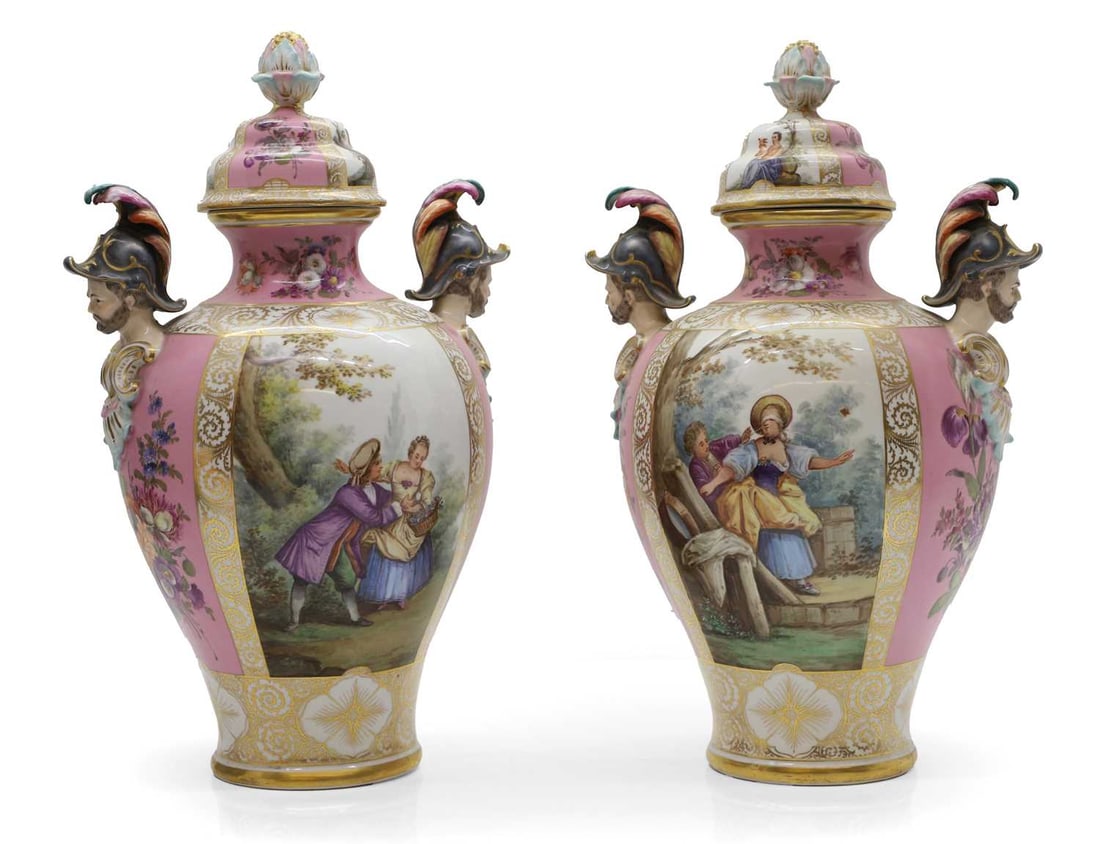 A pair of Dresden porcelain vases and covers, 20th century, - 13