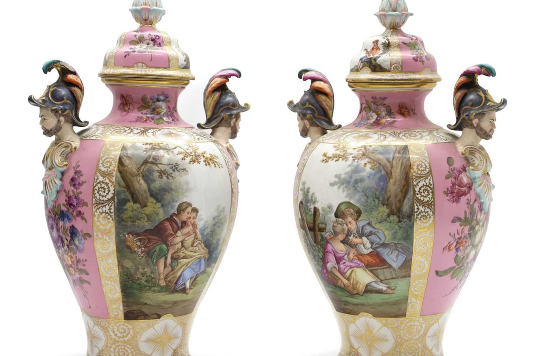 A pair of Dresden porcelain vases and covers, 20th century, (1 of 14)