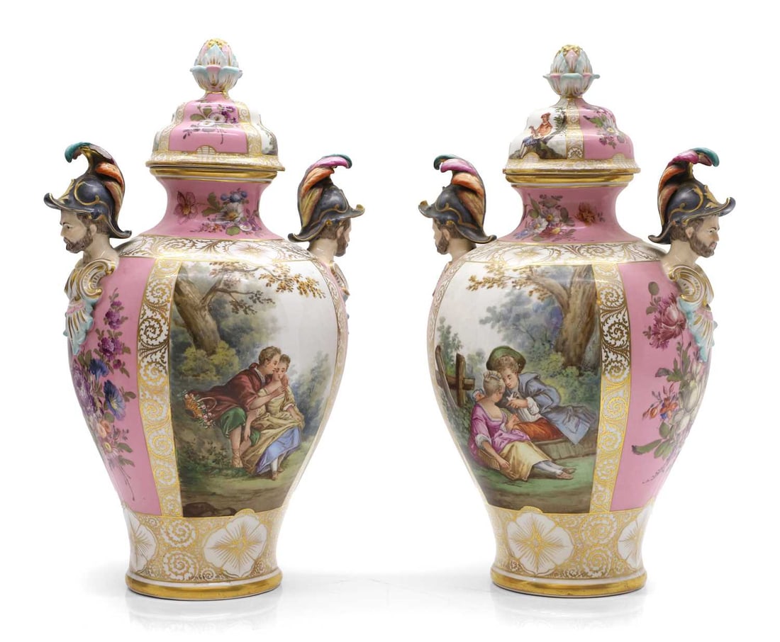 A pair of Dresden porcelain vases and covers, 20th century, - 6
