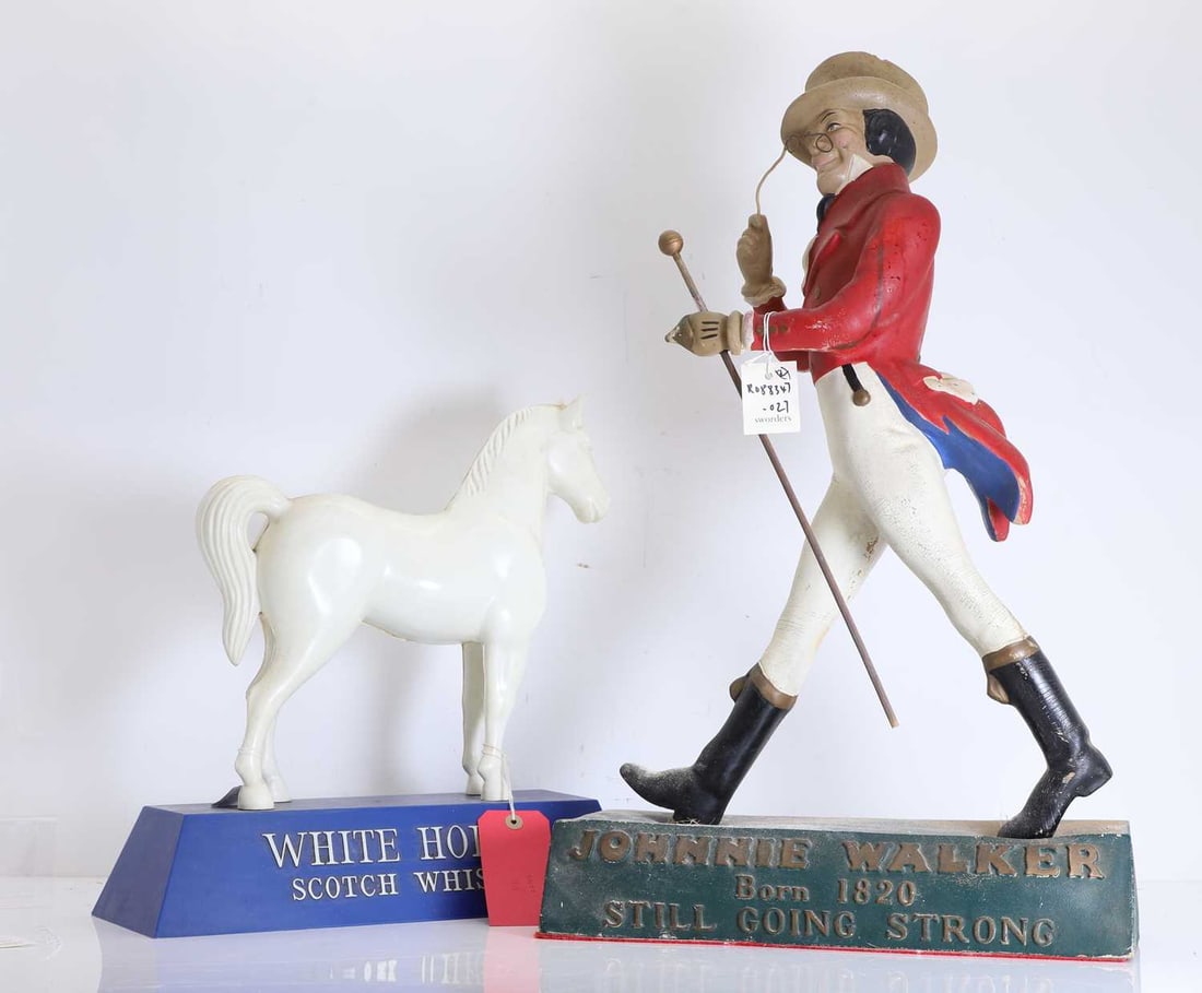 A large painted plaster advertising figure of Jonnie Walker 'striding man', 20th century: A large painted plaster advertising figure of Jonnie Walker 'striding man', 20th century modelled as the iconic striding gentleman in top hat, red tailcoat and riding boots, holding a cane and