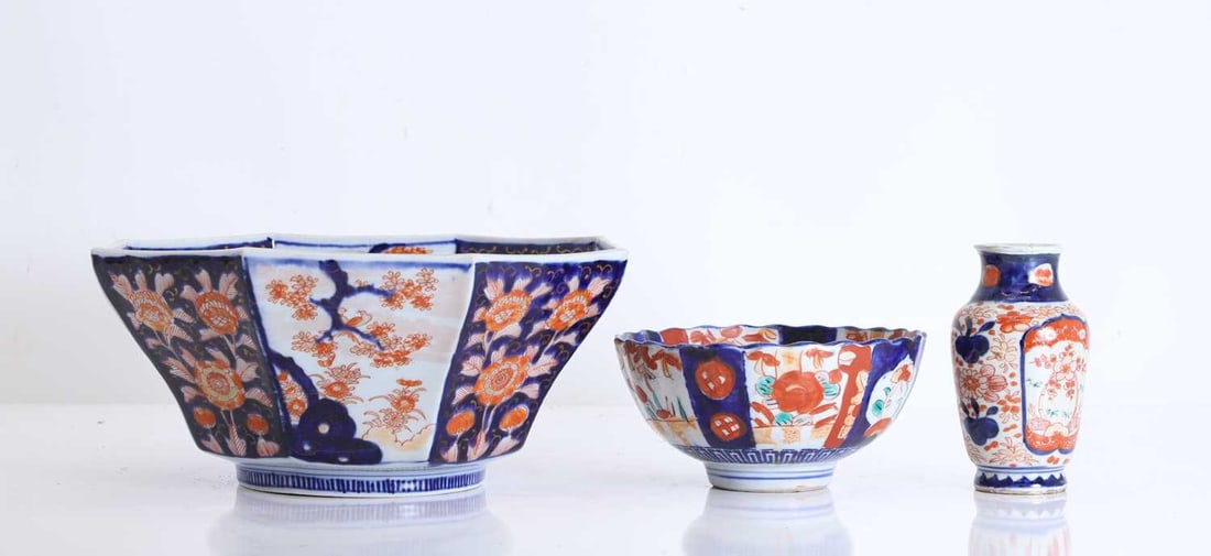 A Collection of Imari export, 19th century,: A Collection of Imari export, 19th century, to include one large octagonal bowl with marks, decorated with flowers and trees with one smaller bowl and vase 27cm wide, 12cm high3