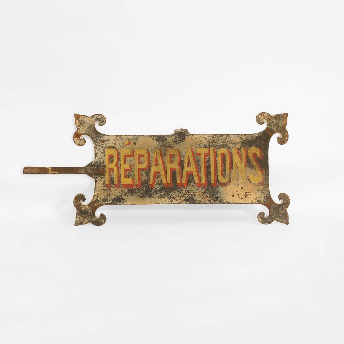 A painted metal tailors sign for “réparations” circa 1900, French - 2