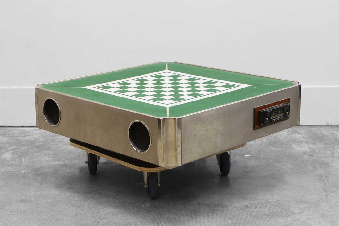 An Art Deco brushed stainless steel and chromium games table, 20th century, (1 of 2)