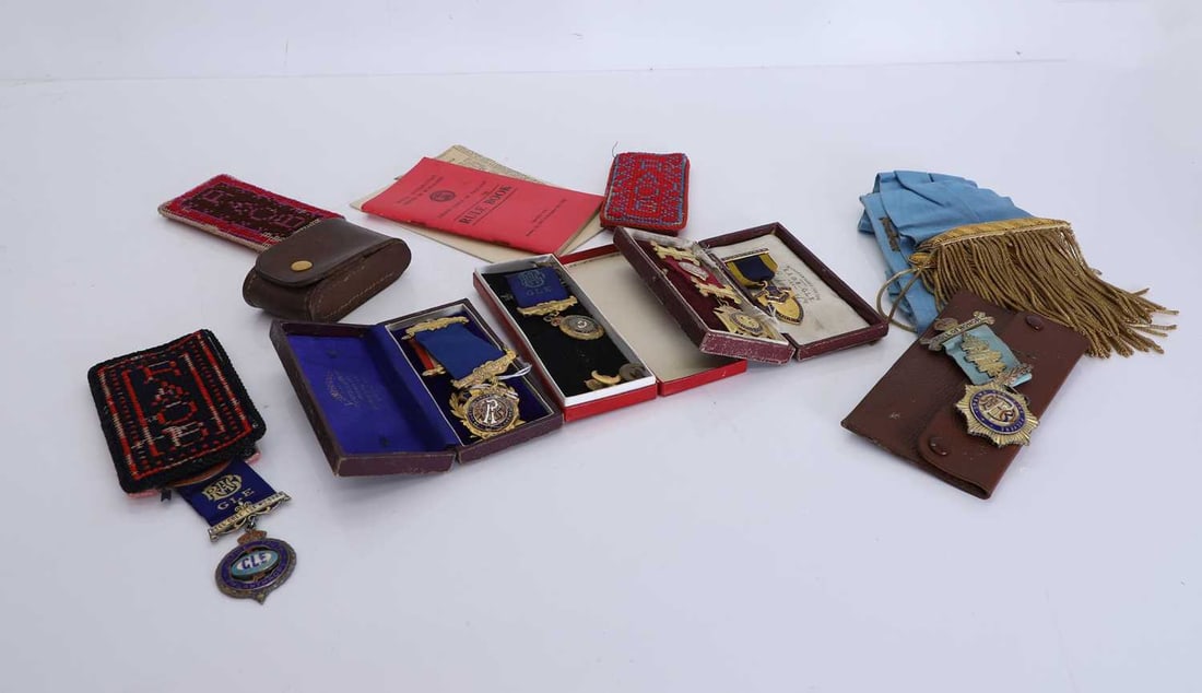 A collection of Masonic regalia,: A collection of Masonic regalia, to include various Antediluvian Order of Buffaloes medallions and ribbons, a 'Certified Primo' medal relating to Bell Cole Lodge, with nea wspaper cutting referring