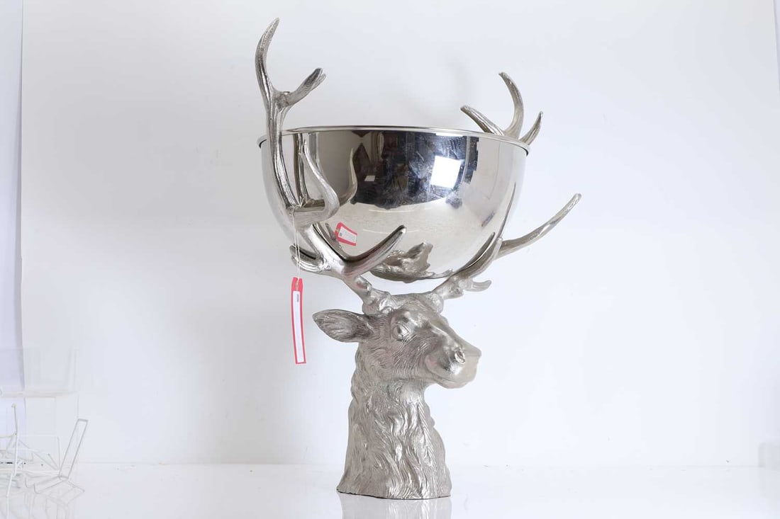 A silvered metal punch bowl mounted on a stag, Of recent manufacture, (1 of 1)